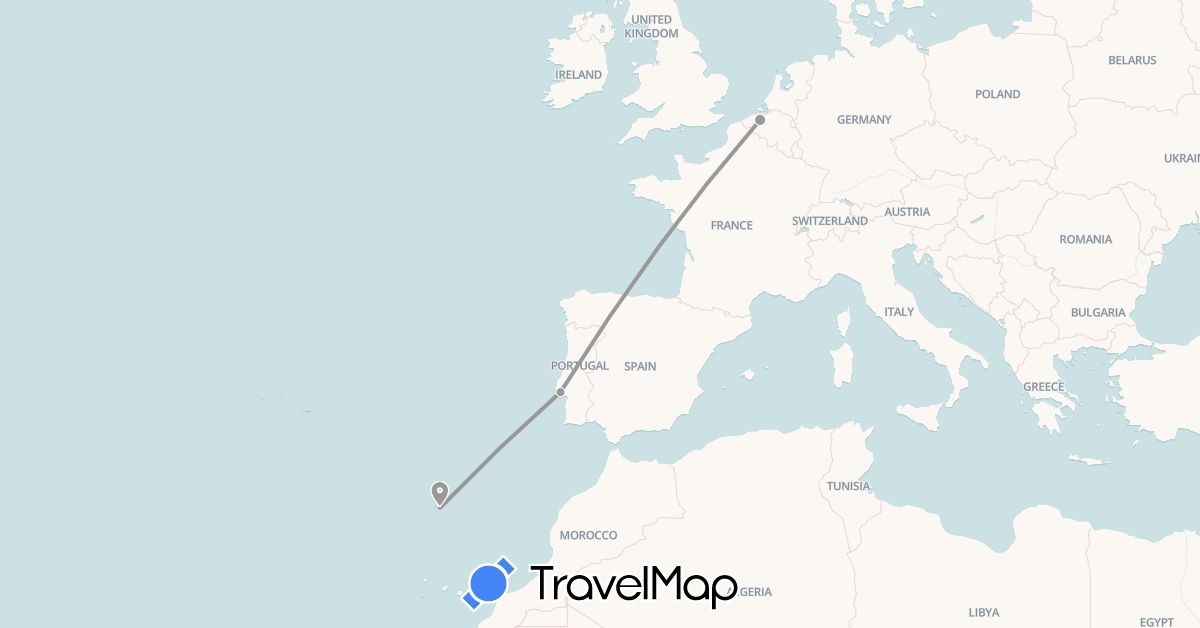 TravelMap itinerary: bus, plane in Belgium, Portugal (Europe)